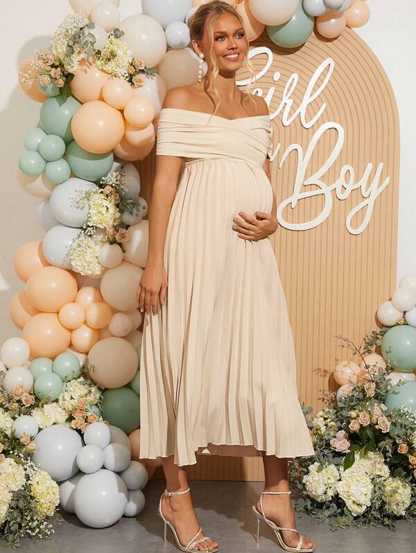 Loomaby Vestido elegante de color liso, de manga corta, con hombros descubiertos y plisado, para mujeres embarazadas