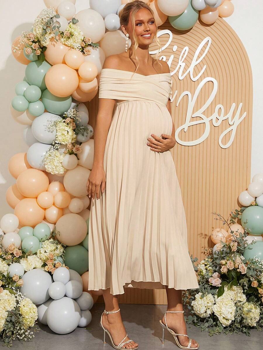 Loomaby Pregnant Women Solid Color Off Shoulder Pleated Elegant Short Sleeve Dress,Gender Reveal Dress,Maternity Dress,Baby Shower Dress - Khaki - View 1