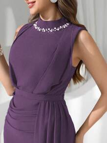 Coutiva Váy dạ hội cổ đính sequin và ngọc trai giả sang trọng, Đầm dự tiệc cao cấp, thanh lịch và tinh tế - Màu tím - Xem 6