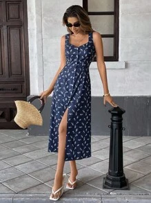 Pariaura 法式碎花前纽扣无袖女式连衣裙 - 藏蓝色 - 查看 4