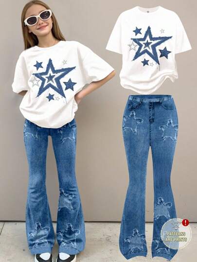 SHEIN Leap Crew 2 件套复古星星拼布图案少女休闲宽松短袖 T 恤和阔腿裤套装，适合春夏季