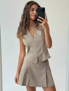Aloruh Women's Khaki Deep V-Neck Sleeveless Vest & Pleated A-Line Skirt Set,Summer Elegant Work Minimalist Commuter Outfits,Teacher Fall Clothes For Women - Khaki - View 5