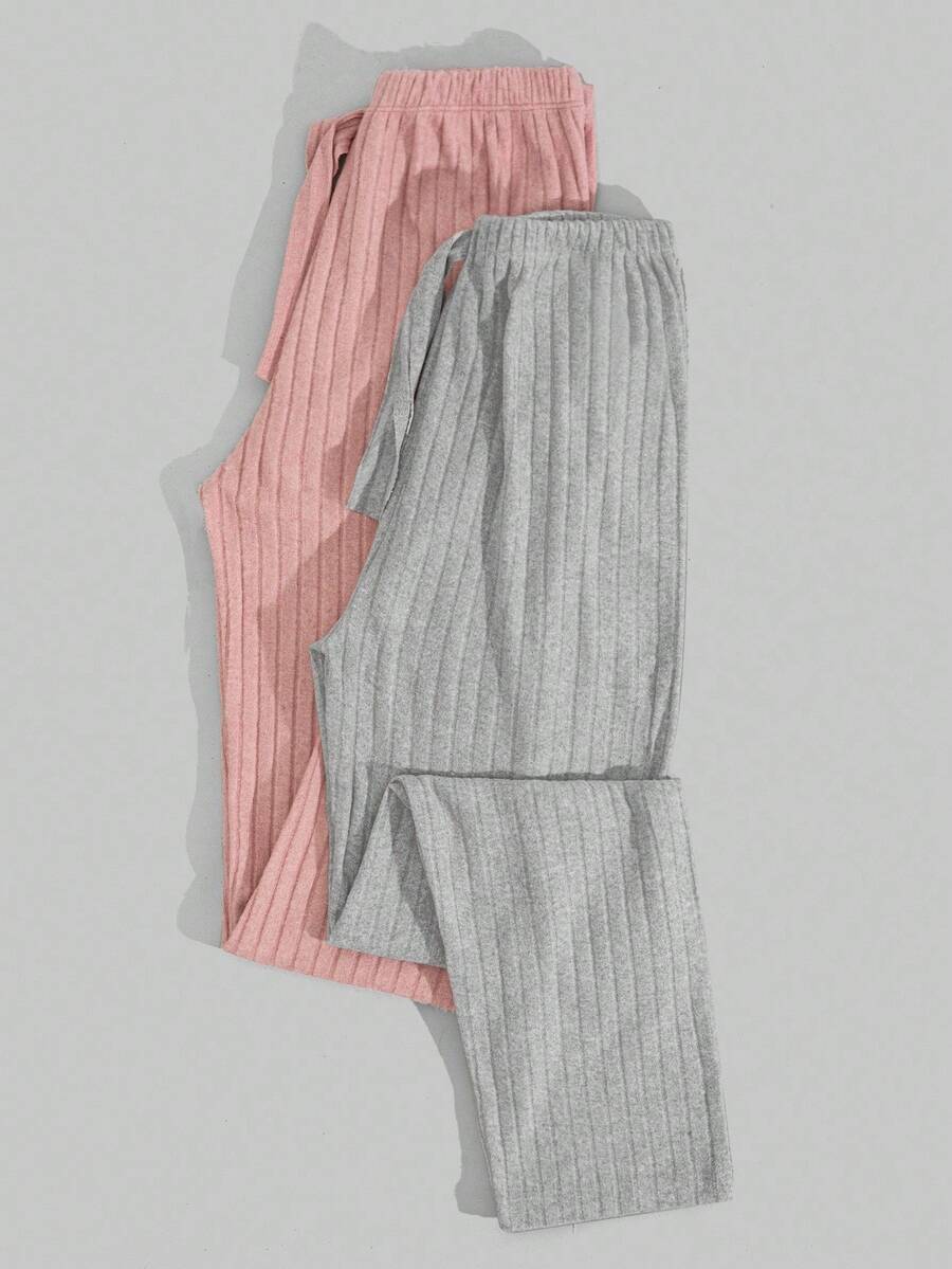 EURMUSE Bộ đồ ngủ mặc nhà dài 2 mảnh dệt kim gân có dây rút giả cho nữ - Nhiều màu - Xem 1