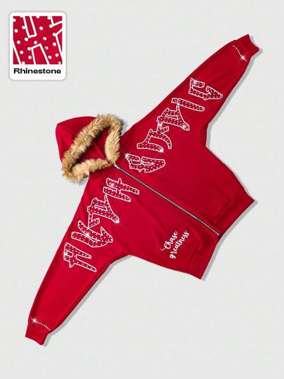 Street Life Sudadera con capucha con cremallera delantera, cuello de peluche y cristales brillantes para hombre, para otoño