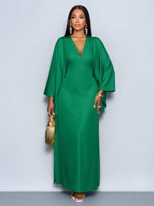 SOLERSUN Women's Deep V-Neck Flare Sleeve Dress Maxi Women Outfit Fall Cloth For Women - Dark Green - View 4