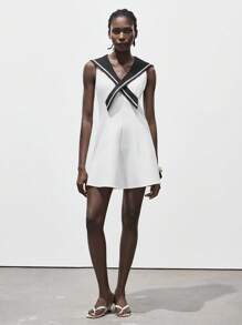 Lumivelle 女士极简水手领复古法式航海风撞色无袖A字迷你连衣裙，适合约会、春夏穿着，全白夏季连衣裙，适合大学校园穿着。 - 白色 - 查看 6