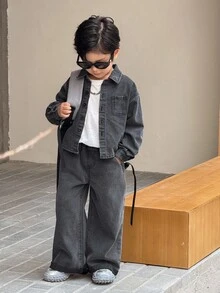 SHEIN 2件套小男孩灰色牛仔翻领长袖衬衫和宽松长裤套装