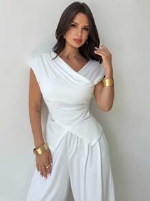 Firerie 2 件套女士新款白色褶皱衬衫和休闲优雅白色裤子套装 - 白色 - 查看 5