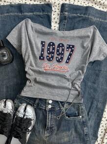 Attitoon 休闲复古风格女式圆领褶皱腰短袖 T 恤，带有复古 1997 星字母印花，适合夏季