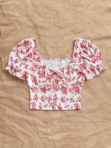 Soleia 大码女式浪漫花卉印花甜心领泡泡袖荷叶边系带上衣 - 彩色 - 查看 7