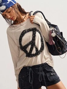 Bohemela 波西米亚风女士休闲长袖宽松水洗和平图案铆钉装饰T恤，复古西部乡村风格，适合音乐会、度假、返校季，秋冬季穿着。 - 卡其色 - 查看 3