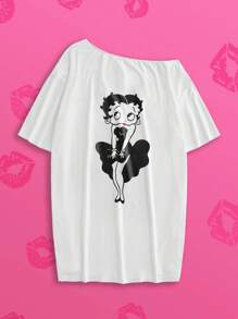 Betty Boop x SHEIN Slaydiva Plus Size Women's 2025 Autumn And Winter Fall Halloween Daily Casual & Streetwear White Loose Short Sleeve Betty Cartoon Graphic T-Shirt Dress, Birthday Dress