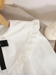 SHEIN Tween Girl Ruffle Collar White Long Sleeve Blouse, Elegant White Long Sleeve Shirt, Preppy White Shirt, Back To School, Autumn - White - View 7