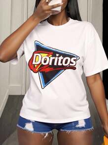 Doritos X SHEIN 女士宽松白色T恤，玉米片零食图案，酷炫可乐图案，返校季，学校上衣，基本款上衣 - 白色 - 查看 1