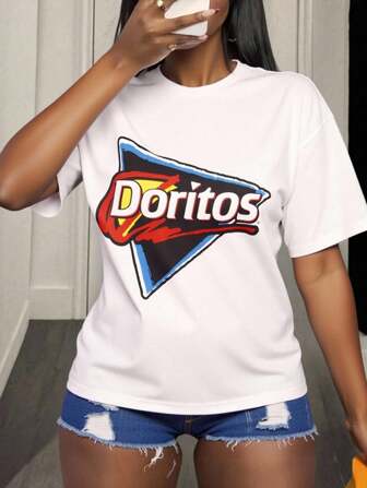 Doritos X SHEIN Women's Loose White T-Shirt, Corn Flakes Snack Pattern, And Cool, Cola Pattern, Back To School, Tops For School, Basic Tops