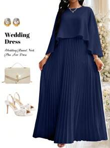 Fleurora 2025 New Plus Size Navy Blue Solid Color Pleated Dress, Fashionable Summer Women Church Dresses Festival Elegant Classy Fall Clothes For - Navy Blue - View 1