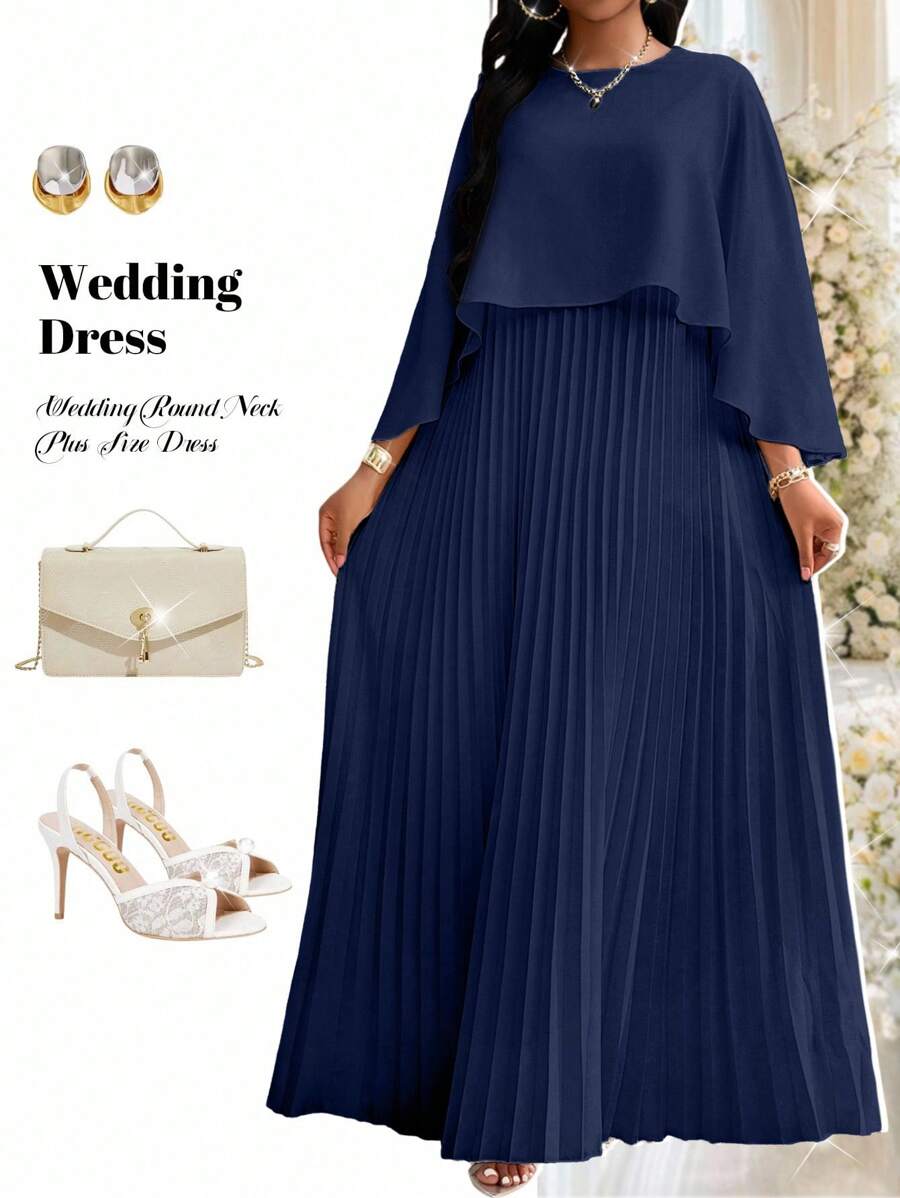 Fleurora 2025 New Plus Size Navy Blue Solid Color Pleated Dress, Fashionable Summer Women Church Dresses Festival Elegant Classy Fall Clothes For - Navy Blue - View 1