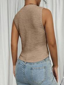 Elenzga Áo len cardigan dáng ôm không tay cổ chữ V sâu phong cách Âu Mỹ mới 2024 dành cho nữ - Màu Khaki - Xem 2