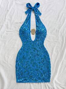 Soleia Aqua Blue Sequin Halter Backless Lace-Up Metallic Decor Mini Dress,Summer 70's Club Night Party Disco Tops For Music Festival,Concert - Blue - View 6