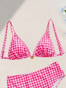 Swim Mod 大码女式泳装比基尼上衣，带有可爱的随机印花、白色和粉色格子、可调节肩带、花卉装饰、度假夏日海滩 - 粉色 - 查看 1