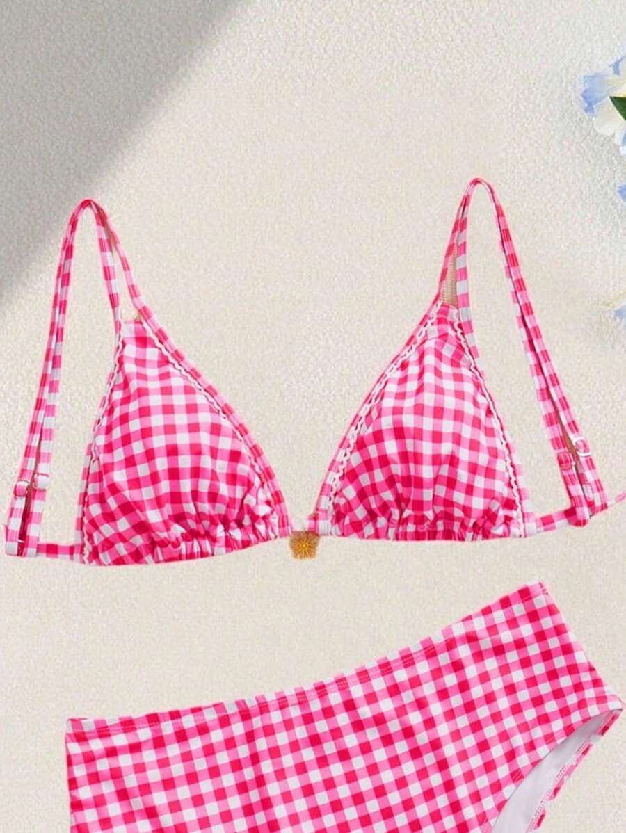 Swim Mod 大码女式泳装比基尼上衣，带有可爱的随机印花、白色和粉色格子、可调节肩带、花卉装饰、度假夏日海滩 - 粉色 - 查看 1