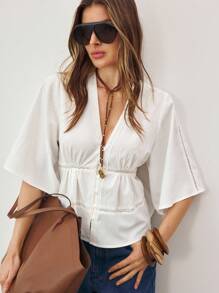 ATUI Studio Damen Lässig vielseitige einfarbige Bluse mit Glockenärmeln und Spitzenbesatz, Boho Damenbekleidung, Western-Wear für Damen, Rave-Outfits Festival, Western-Wear für Damen - Weiss - Übersicht 2