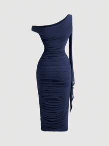 SHEIN MOD Women's Fashionable Elegant Romantic Ruched Asymmetric Midi Dress - Navy Blue - View 2