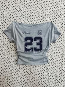 Attitoon 返校季，23 款复古图案露肩 T 恤，复古风，秋季女装，度假风，可爱夏季上衣，女士休闲褶皱露肩修身短袖 T 恤，适合夏季 - 淺灰色 - 查看 5