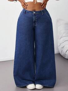 SHEIN Tall CURVE Quần áo mùa hè mùa thu cỡ lớn Quần áo mùa thu Quần áo trở lại trường Homecoming dễ thương Phong cách thập niên 2000 Kawaii Y2k Sân bay dành cho phụ nữ Khiêm tốn Tiền cũ Tulum Quần jean xanh ống rộng cạp thấp thường ngày đã giặt Quần jean ống rộng rộng thùng thình - Màu xanh lam - Xem 6