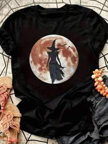 EMERY ROSE Halloween Witch And Moon Print T-Shirt, Casual Short Sleeved Round Neck T-Shirt, Women's Clothing, Suitable For All Seasons - Black - View 3