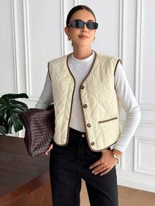 SHEIN Frenchy 女士休闲单排扣背心夹克，冬季外套 - 杏色 - 查看 3