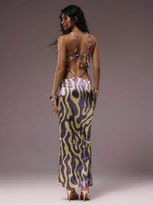 MUSERA Purple And Yellow Abstract Print Strapless Extreme Cut Out Cross Front Maxi Dress,Summer Chic Vacation Holiday Night Out Date Night Party Dress - Multicolor - View 4