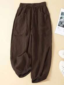EMERY ROSE Plus Size Women's Solid Color Waist Tie Elastic Cuff Loose Casual Pants Fall - Brown - View 6
