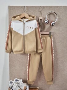 SHEIN Explorewe 2件套男童字母印花拉链连帽衫和休闲运动裤套装 - 棕色 - 查看 9