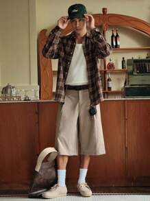 SWAVVY 男士宽松棉质格子印花落肩衬衫，秋季情侣装，长袖上衣 - 咖啡棕 - 查看 3