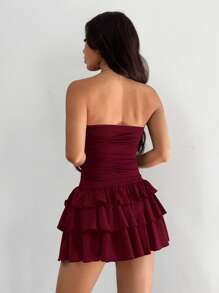 SHEIN EZwear Knitted Fabric A-Line Sleeveless Mini Dress In Burgundy Tube Top Dress Ruffle Dress,Party Dress