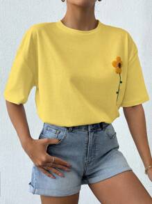 EURMUSE 100%Cotton Summer Flower Flocking White T-Shirt - Yellow - View 4