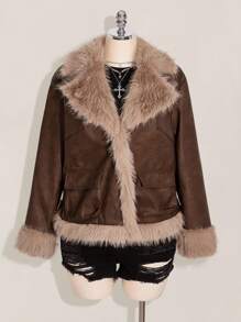 SHEIN ICON Plus Size Vintage PU Leather Patchwork Faux Fur Collar Double Pocket Jacket Fur Jacket Women Brown Fur Jacket Women Fur Coat Faux Fur Jacket Women Brown Jacket Women Winter Fall Autumn