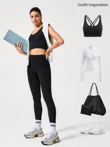 GLOWMODE 26英寸FeatherFit™ 保持经典无缝高腰粘合舒适后袋紧身裤低冲击瑜伽工作室日常穿着 - 黑色 - 查看 8