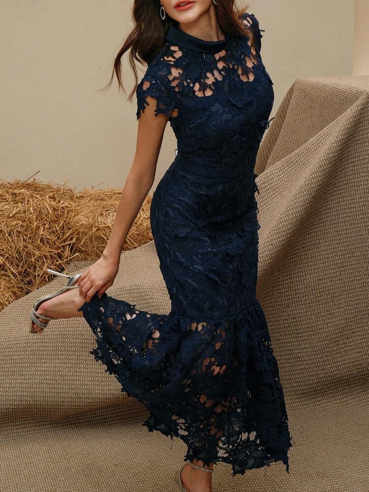 Navy Blue Elegant Embellished Party Mermaid Hem Short Sleeve Dress