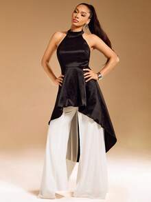 Solid Taffeta Halter Neck High Low Hemline Open Back Top - Black - View 5