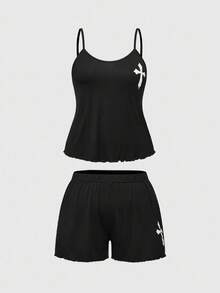 ROMWE Bộ đồ ngủ thường ngày quần short dây chéo Gothic cỡ lớn - màu đen - Xem 1