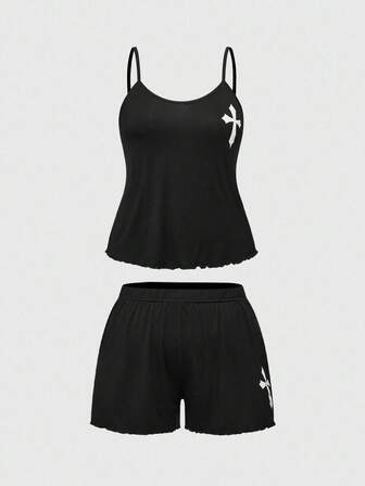 Große Größen Gothic Kreuz Träger Shorts Lässig Pyjama Set