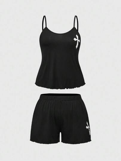 Goth Ensemble pyjama décontracté avec short à bretelles croisées gothique grande taille