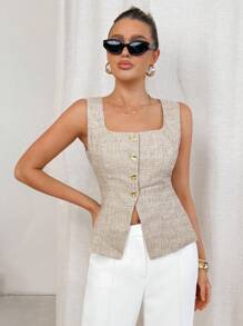 Lavishia Apricot Linen-Like Sleeveless Fitted Blouse, Suitable For Daily Commute And Work, Summer Business Women Attire Business Casual Woman Summer Outfits For Women Business Casual Woman Work Clothes Women Teacher Outfits For Women Work Outfits For Women  Teacher Outfits For Women Office Outfits For Women Work Clothes Women Business Casual Woman Classy Top Womens Sleeveless Top Button Down Vest