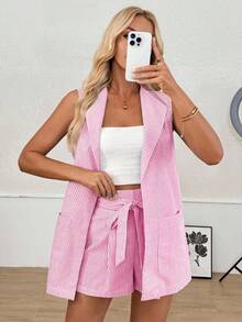 Easowa Bộ 2 món áo khoác blazer không tay kẻ sọc thường ngày dành cho nữ và quần short, trang phục thường ngày mùa hè - Hồng - Xem 6