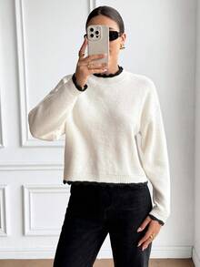 Serisse Áo len nữ tay dài cổ đứng không lưng viền tương phản, kiểu dáng thanh lịch, thích hợp cho mùa thu, sang trọng, công sở, đi chơi, giáo viên, đi học, mùa đông. - Màu be - Xem 3