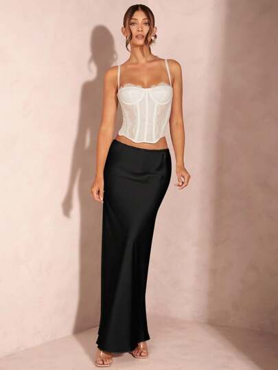 SHEIN BAE Women's High Waisted Solid Satin Skirt With Apricot Bow Lace Waistband, Maxi Length