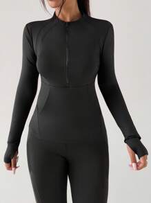 DAZY Damen Sportjacke mit hohem Kragen, halber Reißverschluss, Taschen und enganliegender Passform