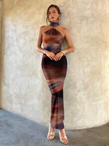 Aloruh Seksowna asymetryczna sukienka maxi z nadrukiem tie-dye na całej szerokości, damska, elegancka, seksowna, z metalową klamrą, z wycięciem, dopasowana, czarna, dzianinowa, elastyczna, odpowiednia na lato, wakacje, imprezę, jesień, weselna, na przyjęcie, elegancka sukienka, sukienka na imprezę